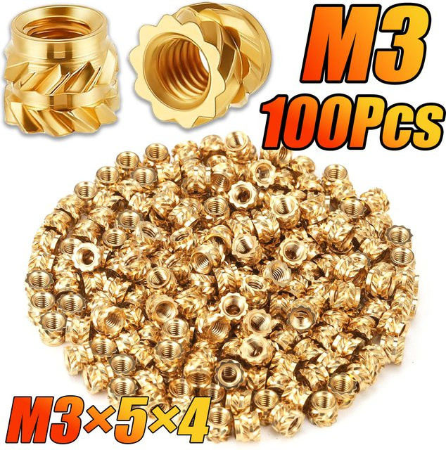 100 Stück BOVILEVR Wärmeeinpressgewinde M3 aus Messing in Gold für 3D-Druck und Kunststoffteile - Bild 1