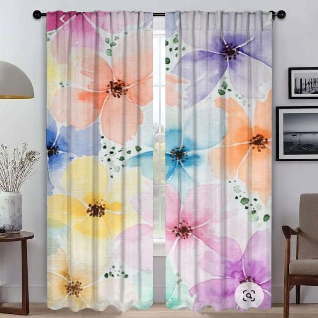 Zweiteiliges Set dekorative Blumen-Vorhänge für dein Wohnzimmer, halbtransparentes Design in Multicolour, Breite: 50 cm, Höhe: 70 cm - Bild 1