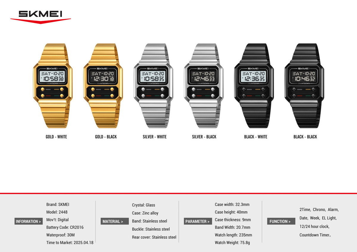 SKMEI Digitaluhr, Edelstahl, Schwarz, Damen, Chronograph, Alarm - Bild 2