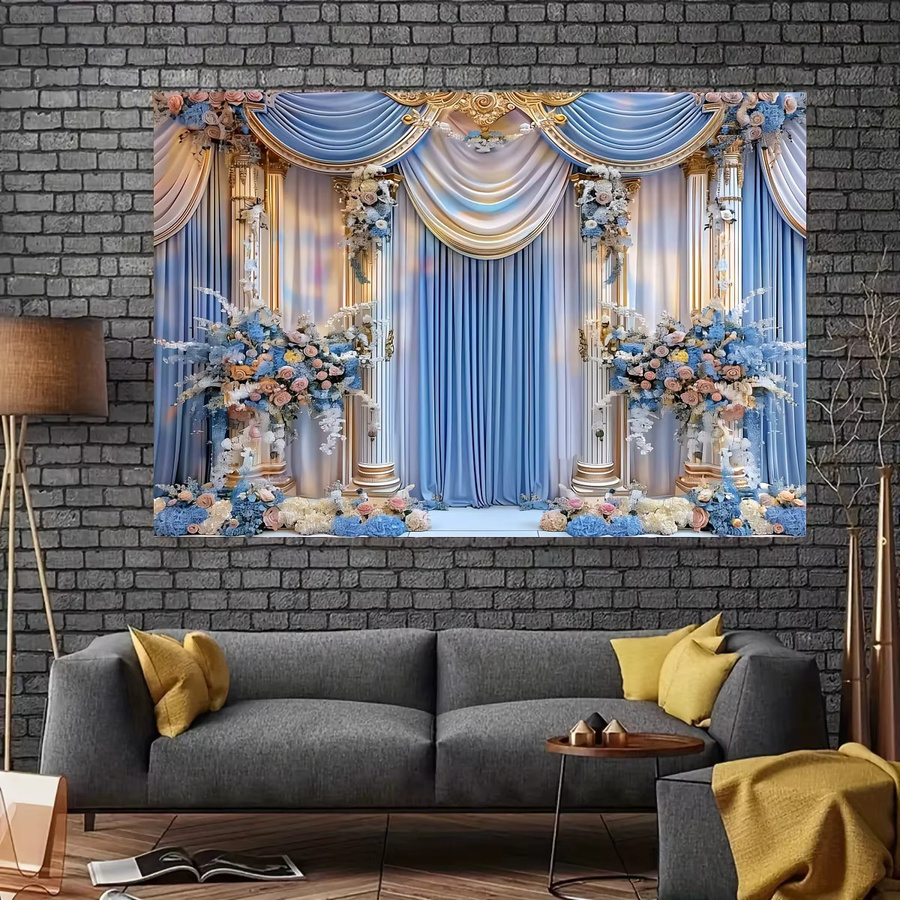VIKAMA Hochzeits-Hintergrunddekoration aus Textil mit floralem Blumenmuster in Mehrfarbig und Blau - Bild 3