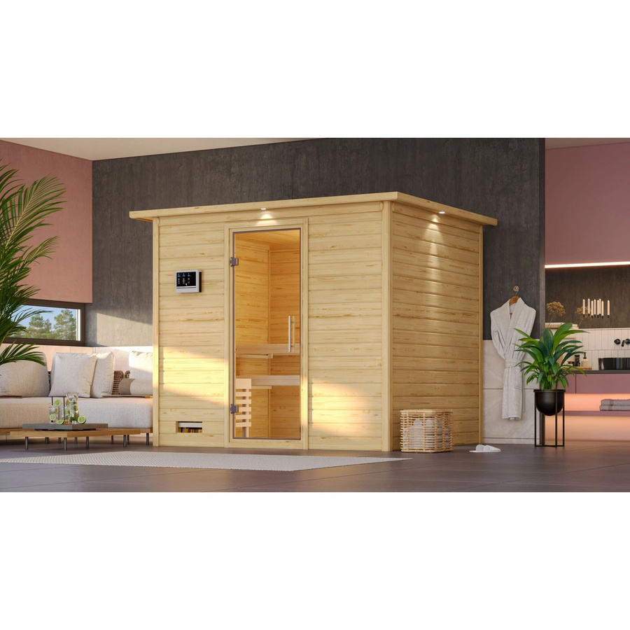 Karibu Sauna Sarina in Natur mit Ofen, integrierter LED-Steuerung und Dachkranz - Bild 3