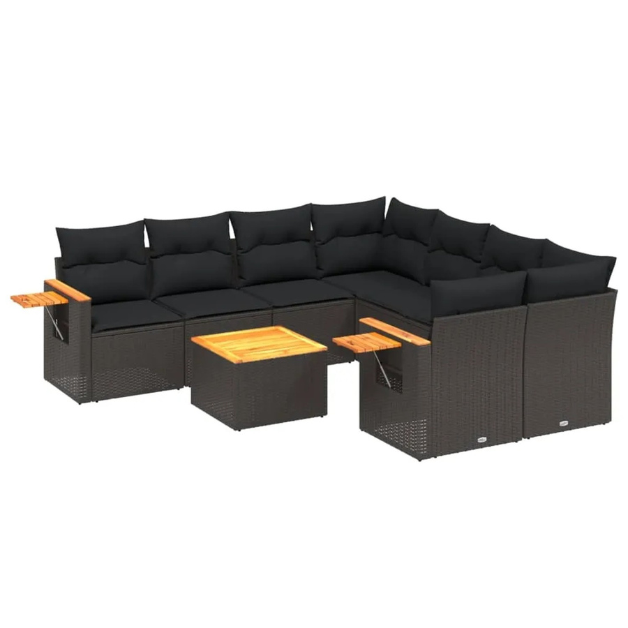 vidaXL 9-tlg Garten-Sofagarnitur in L-Form aus Poly-Rattan und Akazienholz mit Kissen, Schwarz - Bild 2