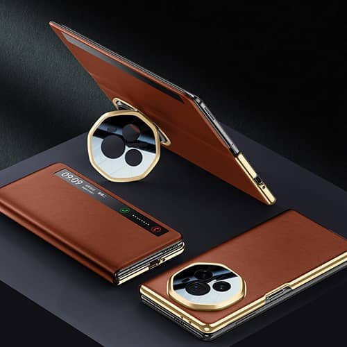 Honor Magic V3 Lederhülle mit Metalllinse und faltbarem Rundum-Ständer in Schwarz - Bild 1