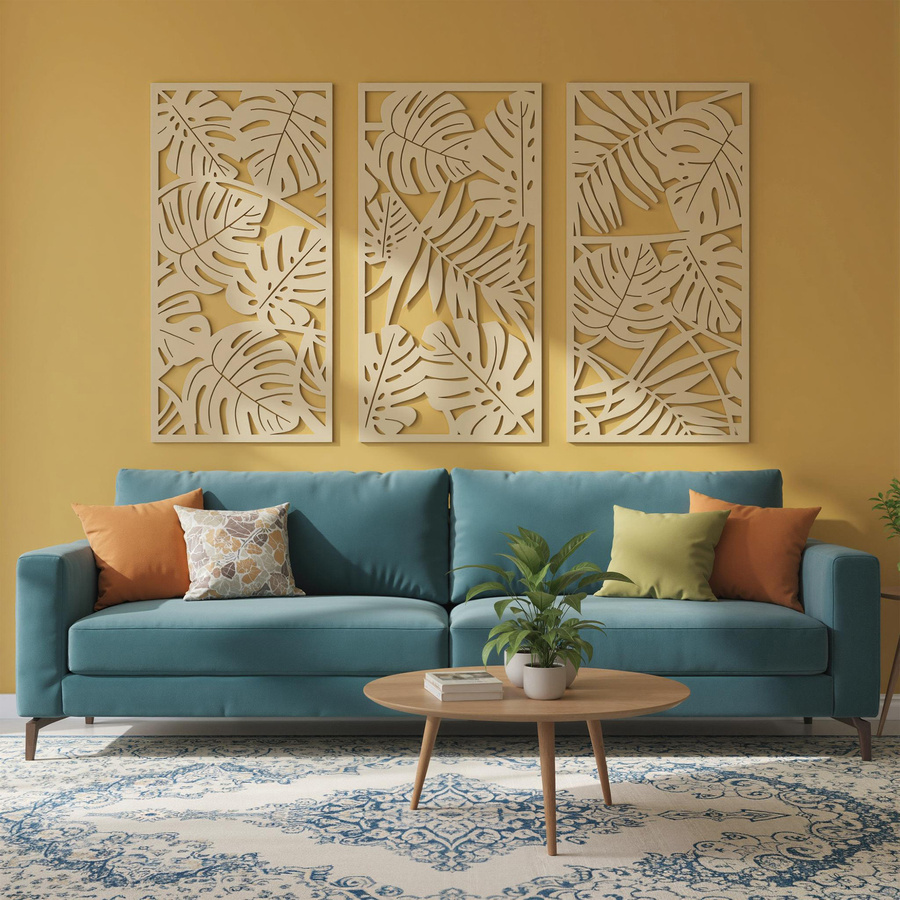 HOMCOM Set aus 3 3D-Wanddekorationen aus Holz in tropischer Blätter-Optik, modern und botanisch, Farbe: Braun/Beige, B/H: 40 x 80 cm - Bild 2