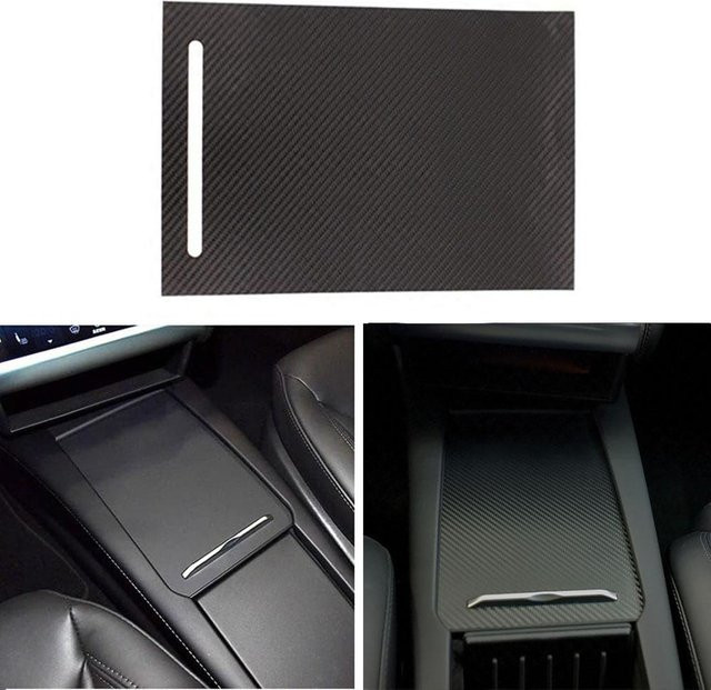 Kohlefaser-Look Aufkleberfolie für die Mittelkonsolen-Armlehnenbox von Tesla Model S/X in Schwarz - Bild 1