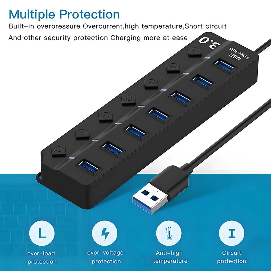 DBIT 7-in-1 USB Hub 3.0/2.0 Splitter mit unabhängigem Switch, USB-Adapter für Desktop und Laptop, Schwarz, 30 cm Kabel - Bild 6
