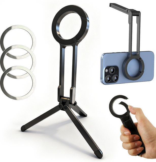 HAPPORIA Magnetisches Telefon Stativ aus Legierung, faltbarer tragbarer Ständer mit Karabiner-Montage und 3 Magnetringen für iPhone 14 15 und Xiaomi, Farben: Silber oder Schwarz - Bild 1