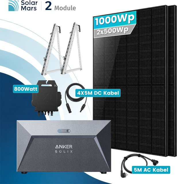 Solarmars Balkonkraftwerk Komplettset 1000W mit Anker SOLIX Solarbank E1600 800W EZ1 Mikroinverter und Balkonhalterung in Schwarz - Bild 1