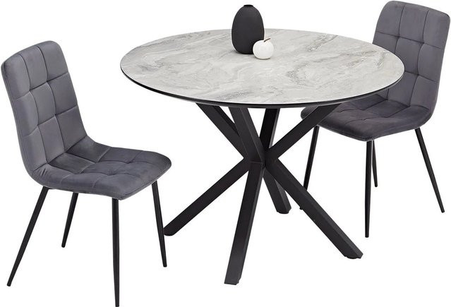 Homestyle4u Esstisch Set im Industrial Look mit 2 Polsterstühlen, Farbe Anthrazit, Durchmesser: 110 cm, Höhe: 76,5 cm - Bild 1