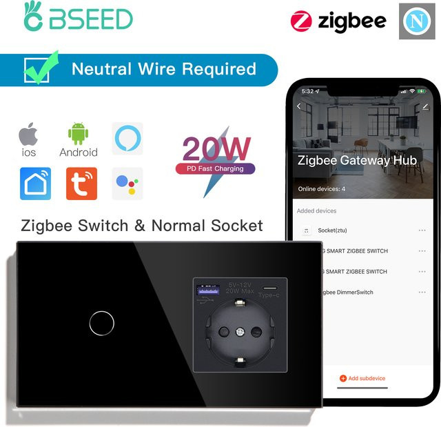 Bseed ZigBee Smart Wand-Touchschalter mit 2-Wege-Lichtsteuerung und USB Typ-C 20W Schnellladeanschluss, Gold, kompatibel mit Tuya Smart Life und Google Home - Bild 1