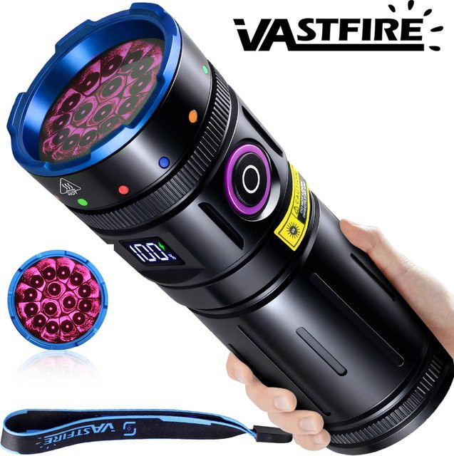 VASTFIRE Hochleistungs-Taschenlampe mit 15 LEDs und 365 nm UV-Licht in Schwarz und Violett, USB-aufladbar und wasserdicht - Bild 1