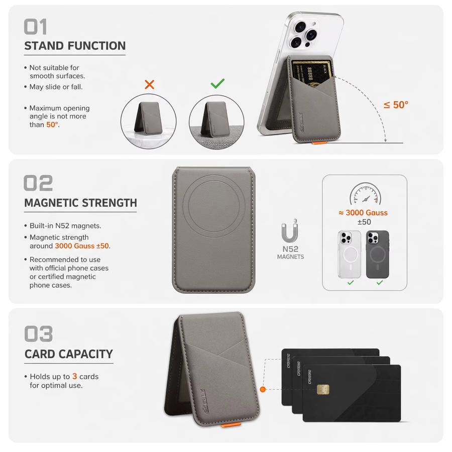 Eseble Magnetischer Telefonkartenhalter aus Premium PU-Leder in Grau mit RFID-Schutz und Kompatibilität für magnetisches kabelloses Laden - Bild 5