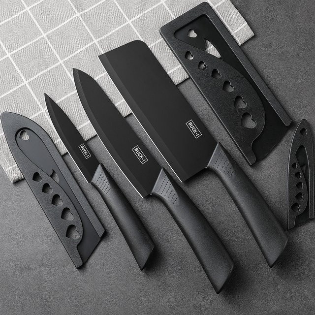 SHENJIU Küchenmesser-Set in Schwarz mit Messerblock inklusive Hackmesser, Kochmesser und Obstmesser zum Schneiden von Fleisch und Gemüse - Bild 1