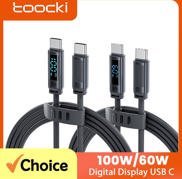 Toocki USB-C zu USB-C Kabel mit Digitalanzeige, 100W PD Schnellladekabel aus weichem Silikon, Schwarz - Bild 1