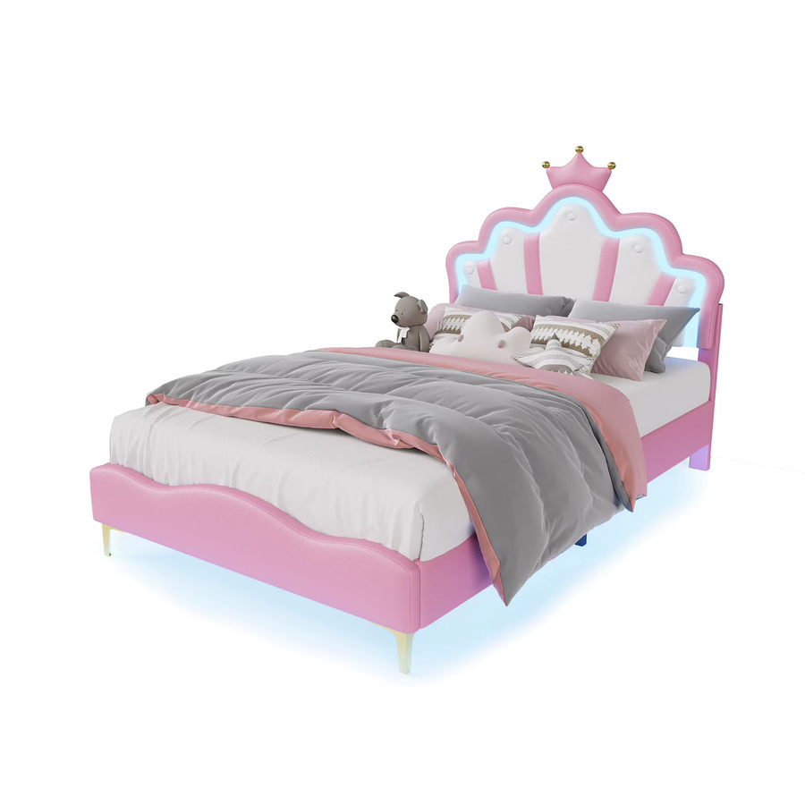 Rosahqnda Kinderbett mit kronenförmigem Kopfteil und Lattenrost, gepolstertes Doppelbett aus PU-Leder, Rosa/Weiß, B/T/H: 140 x 200 cm - Bild 3