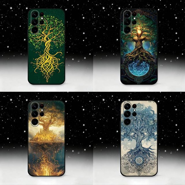 Silikon Handyhülle mit Yggdrasil Baum des Lebens Design für Samsung Galaxy S25, S24 Ultra, S23, S22 Plus, S20 und weitere Modelle, Farbe: Schwarz - Bild 1