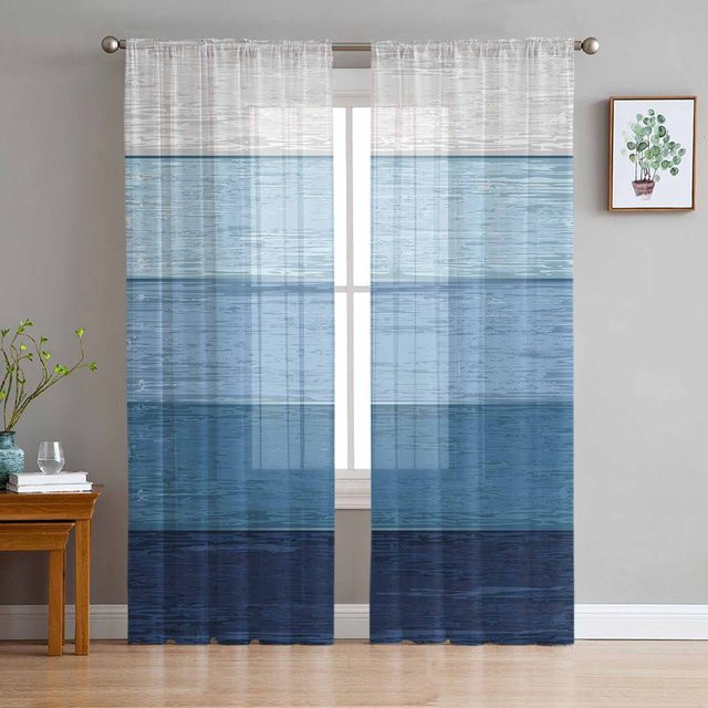 Super Six Transparente Tüll-Vorhänge im Ländlichen Stil mit blauem Farbverlauf und Streifenmuster, Farbe: Blau/Grau, B: 135 cm, H: 114 cm - Bild 1