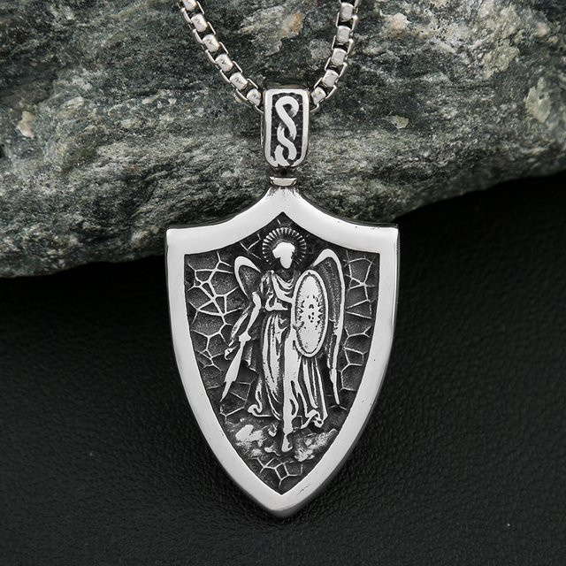 NORTHMAN Halskette mit Engel Schild Saint Michael Anhänger, Edelstahl, Silber, Herren - Bild 1