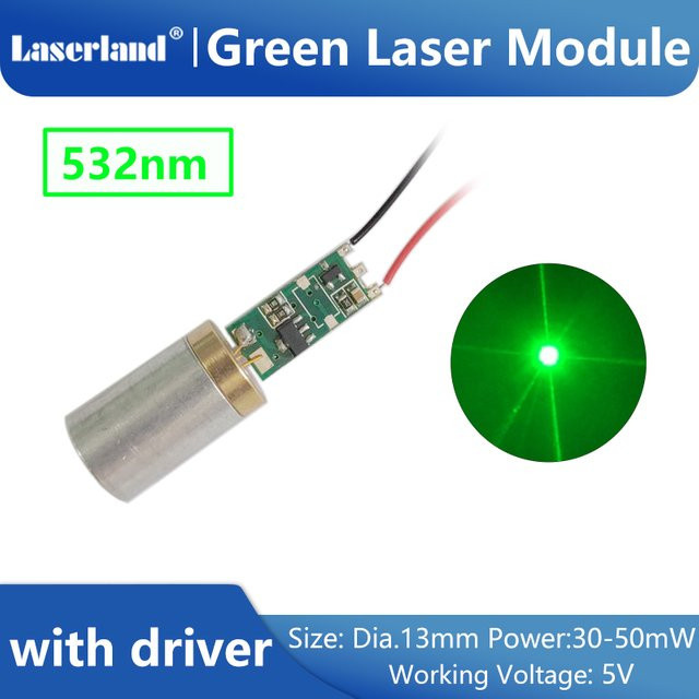 Laserland Punktlaserdiodenmodul in Silber mit 532 nm Wellenlänge, 13 mm Durchmesser und 30–50 mW Leistung inklusive Treiber für Bühneneffekte - Bild 1
