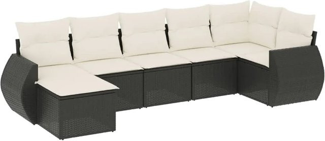 vidaXL 7-teilige Garten-Sofagarnitur in L-Form aus schwarzem Poly-Rattan mit Kissen und pulverbeschichtetem Stahlgestell - Bild 1