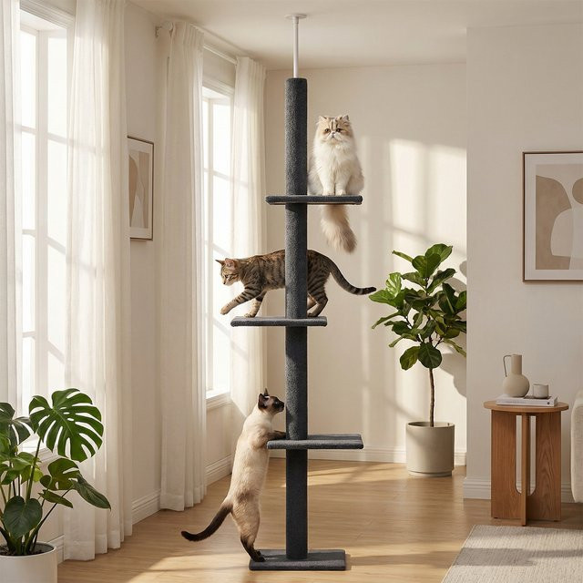 PEQULTI Höhenverstellbarer Katzenbaum in Grau mit 3 Wohnplattformen und 4 Kratzstämmen, Boden-bis-Decke Katzenturm - Bild 1