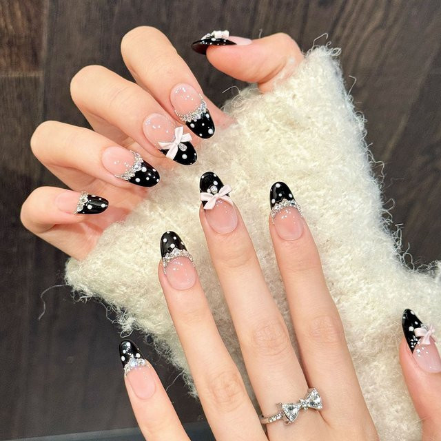 YADORNOS Press-on-Nägel, Mandelform, Polka-Dot-Muster, Schwarz, Glänzend, 10 Stück - Bild 1