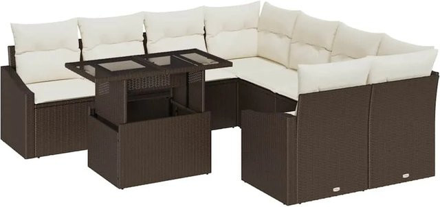 vidaXL 9-teilige Garten-Sofagarnitur aus Poly Rattan mit Kissen in Braun - Bild 1