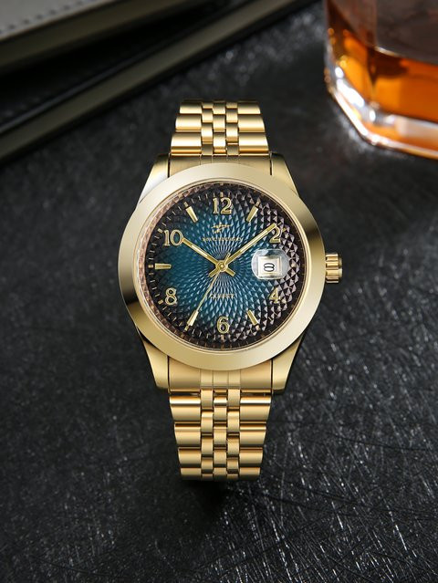 Ricecgo Armbanduhr, Quarz, Gold, Edelstahl, Herren, Datum - Bild 1