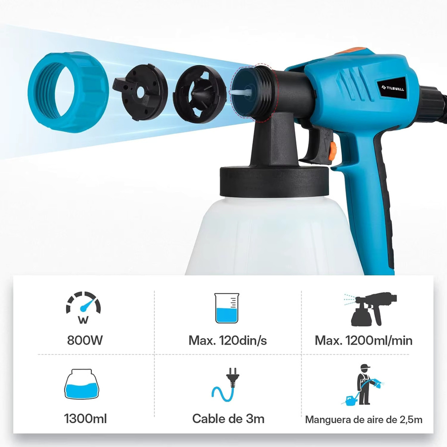 Parrior Fence Paint Sprayer Pro Elektrische HVLP-Farbspritzpistole mit 800W, 3 Düsengrößen, 3 Sprühmustern und 1,3 l abnehmbarem Behälter in Blau - Bild 3