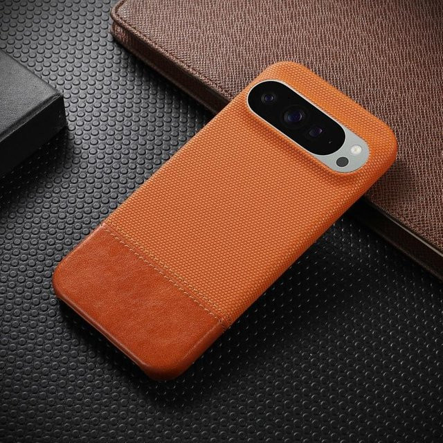 Retro Splice Rüstungsleder Stoßfeste Hülle für Google Pixel 10 9 8 Pro XL in Orange und Transparent mit mattem Gewebe-Design - Bild 1