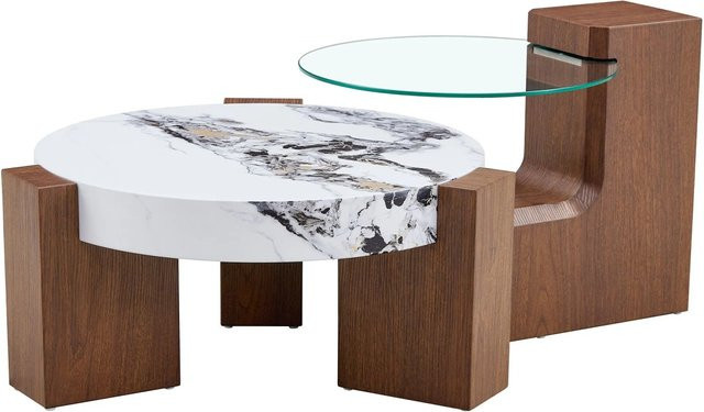 okwish Beistelltisch mit zwei Ebenen und Glasplatte in Marmoroptik, rund, Weiß Schwarz Transparent, B/T/H: 78 x 75 x 34 cm - Bild 1