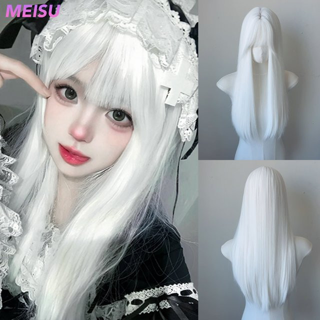 MEISU Synthetik-Perücke, weiß, lang, glatt, mit Pony - Bild 1