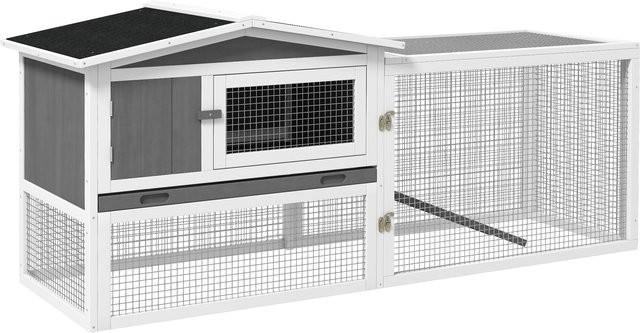 PawHut Kaninchenstall aus Holz mit Freilaufgehege und 2 Etagen, Hellgrau, B/T/H: 156 x 58 x 68 cm - Bild 1