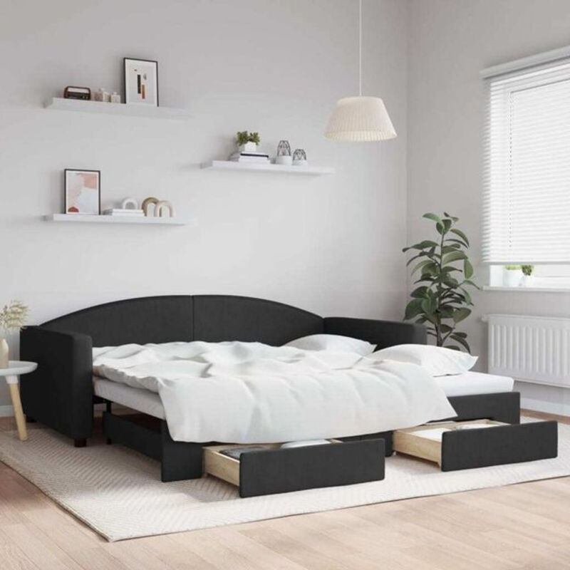 Ausziehbares Funktionsbett mit Schubladen von vidaxl in Schwarz aus Stoff und Metall, B/T: 100 x 200 cm - Bild 1