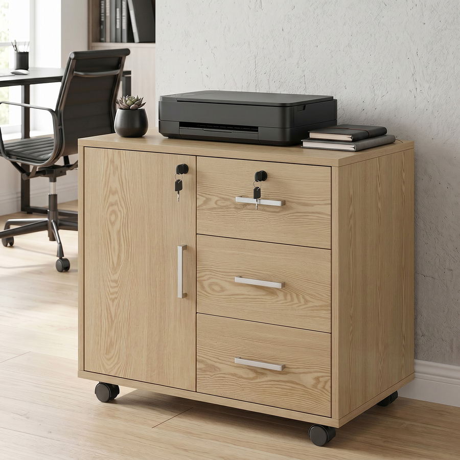 HOMCOM Rollcontainer Büro Aufbewahrung mit 3 Schubladen und verstellbarem Einlegeboden, abschließbar, hellbraun, B/T/H: 40 x 60 x 56 cm - Bild 2