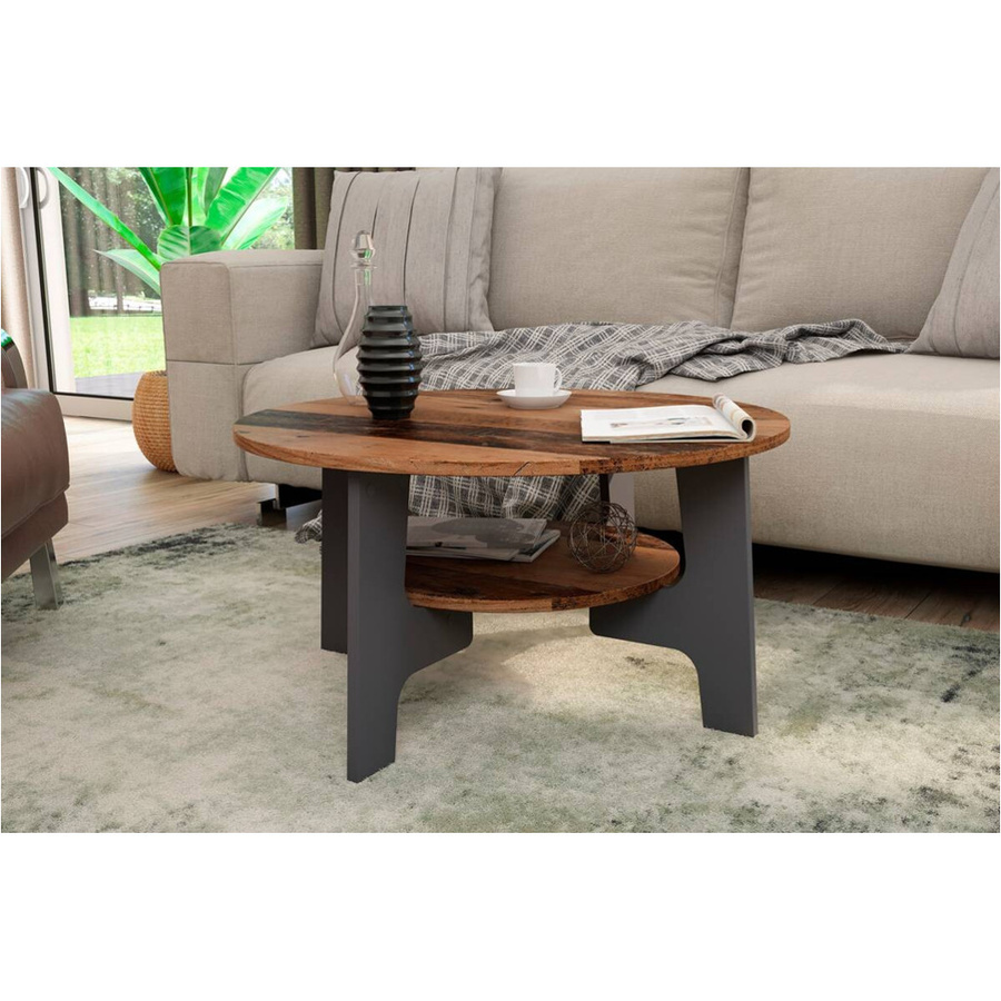 byLIVING Couchtisch JONNY in Anthrazit mit Altholz-Optik und Melaminoberfläche, Durchmesser: 80 cm, Höhe: 42,5 cm - Bild 5