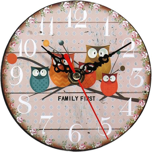 Tooarts Runde Holzwanduhr mit Vintage Eulenmuster in Schwarz - Bild 1