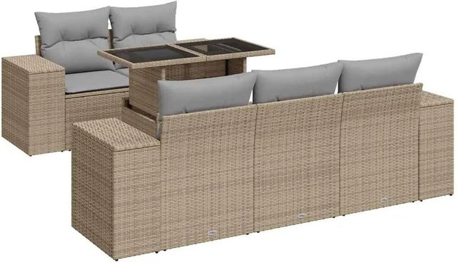 vidaXL 6-teilige Garten-Sofagarnitur in L-Form aus PE-Rattan mit Tisch und Kissen in Beige-Grau - Bild 1