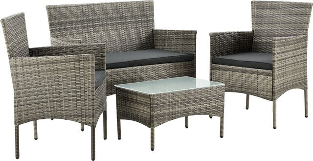 Juskys Polyrattan Gartenmöbel-Set Fort Myers in Grau Meliert mit Tisch, Sofa, 2 Stühlen und Auflagen - Bild 3