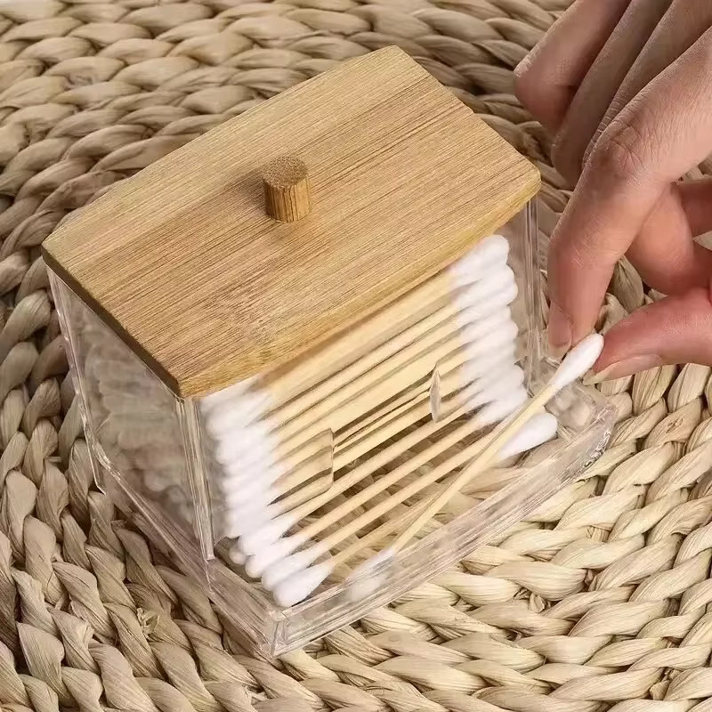 vvocci Doppelkopf-Wattestäbchen-Aufbewahrungsbox aus Glas mit Bambusdeckel, quadratischer Behälter in Transparent, Höhe: 8,8 cm, Breite: 7,2 cm - Bild 2