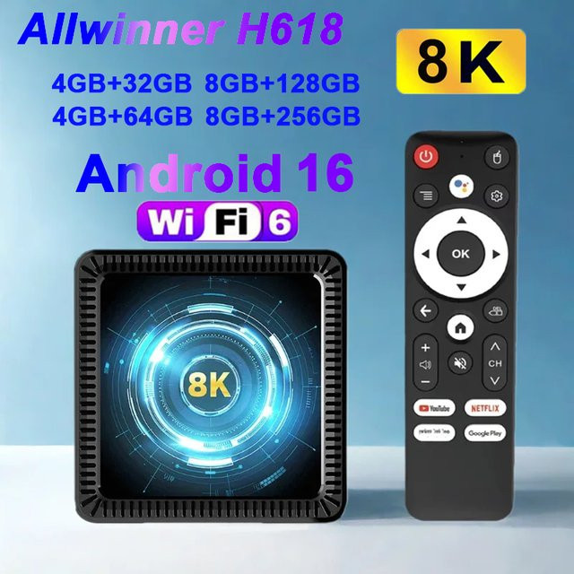 Allwinner Q19 Smart TV Box mit Android 16, Dual Wifi6 2,4G & 5G, HD 4K 8K Video Unterstützung, Google Sprachassistent und Netflix, Schwarz - Bild 1
