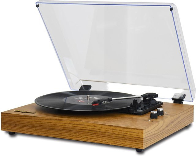 MzeliKing Vintage Vinyl Plattenspieler aus Holz mit Bluetooth in Gelb und Braun - Bild 1