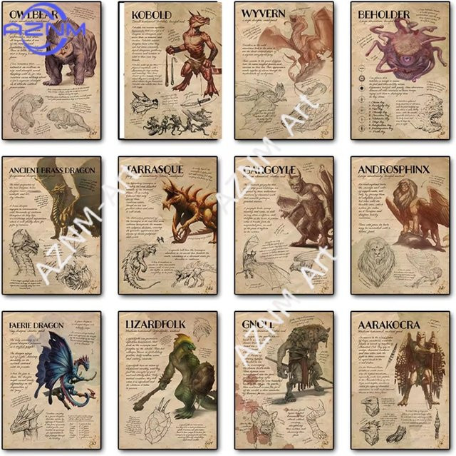 KAYOU Retro D&D Monster-Handbuch Spielposter als Leinwanddruck für deine Heimdekoration in Mehrfarbig - Bild 1