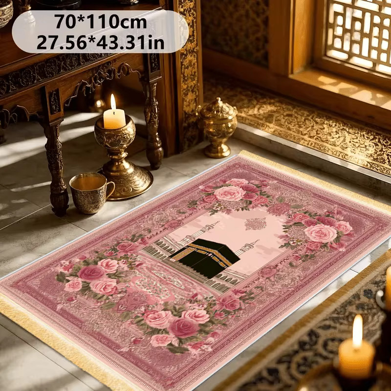 VIKAMA Muslimischer Gebetsteppich mit rosa Herz-Print und floralem Design, faltbare und waschbare islamische Reisematte in Pink - Bild 2