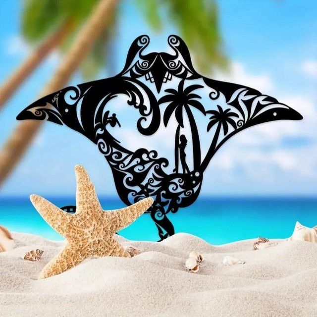 CIFBUY Wandkunst Manta-Ray aus Metall in Schwarz mit Surfbrett, Wellen, Seestern und Palmen-Silhouette zur Wandmontage - Bild 1