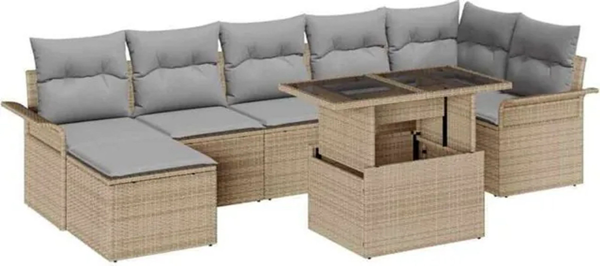 vidaXL Garten-Sofa-Set aus Poly-Rattan mit Kissen und integriertem Stauraum in Beige, 8-teilig - Bild 1