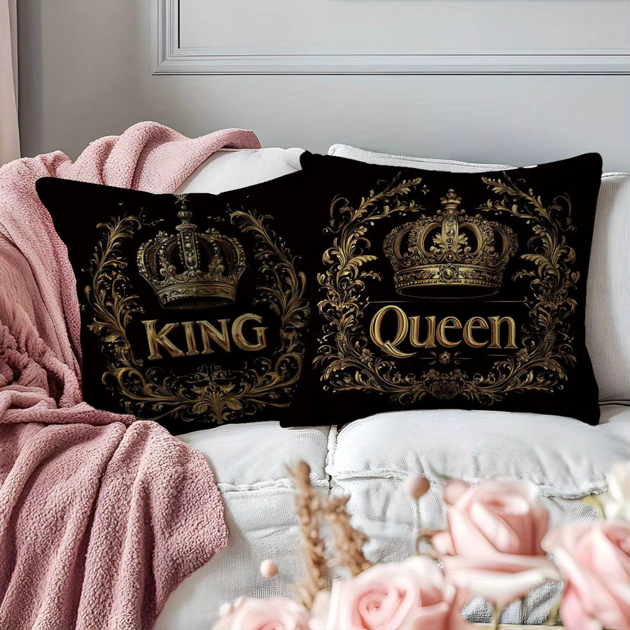 2er-Set Vintage-Kissenbezüge mit König- und Königin-Kronen in Schwarz, quadratische Kissenbezüge für dein Sofa oder Wohnzimmer - Bild 3