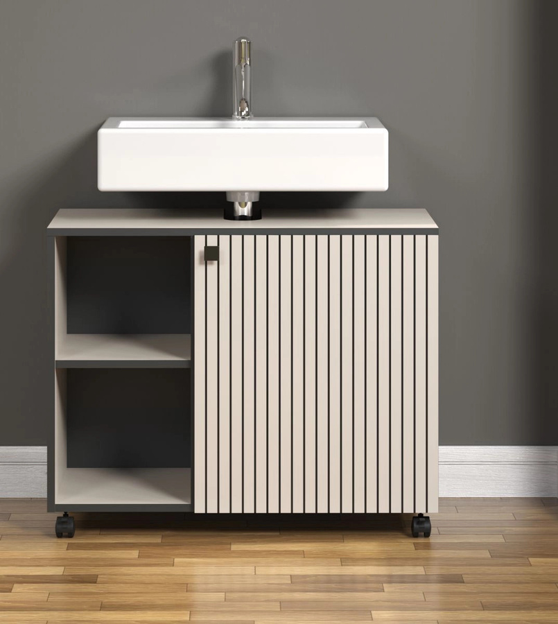 Waschbeckenunterschrank Feliz in Kaschmir und Grau, modern mit Regalfach und Türen, B/T/H: 80 x 42 x 64 cm - Bild 2