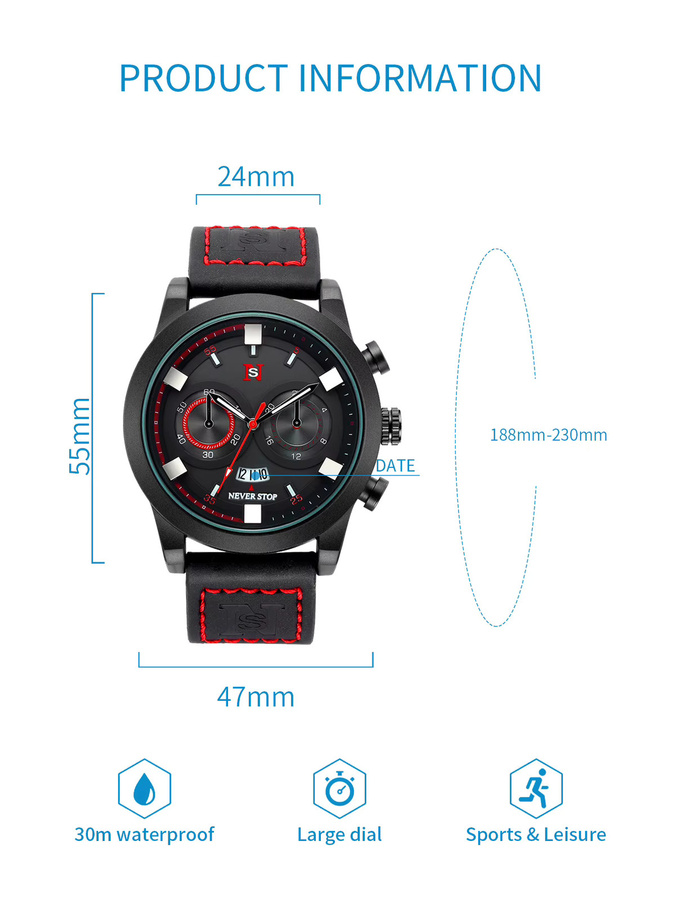 NS Armbanduhr, Quarz, Leder, Schwarz, Herren - Bild 5