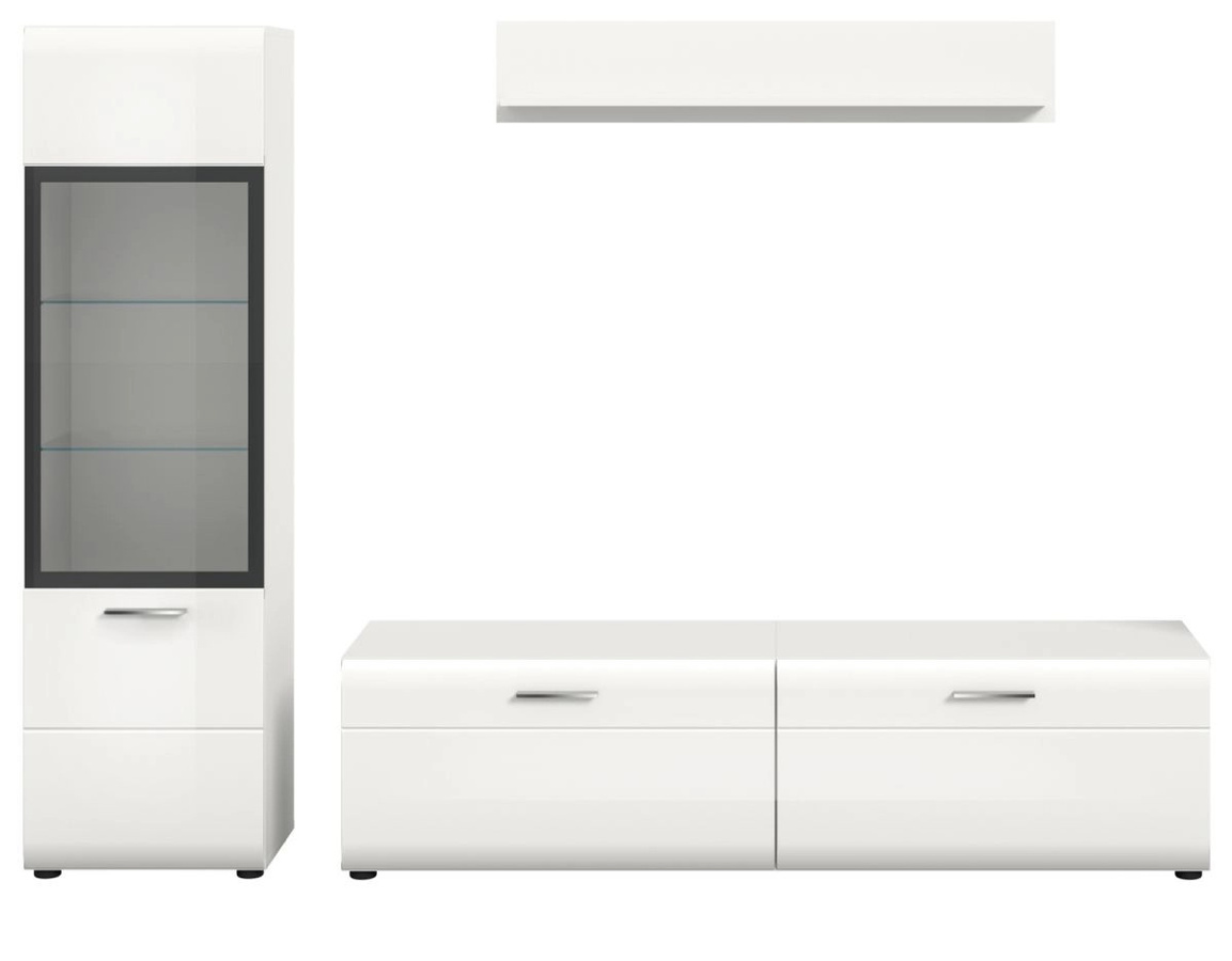 Moderne Wohnwand von Inn.Furn in Weiß Hochglanz mit Vitrine, Lowboard und offenen Regalen, B/H: 220 x 160 cm - Bild 4